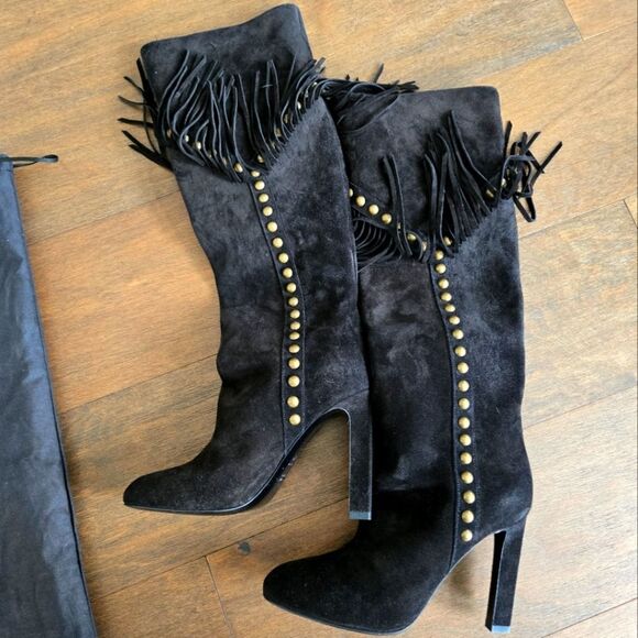 Saint Laurent Women's Black Suede GRACE 105Y STUDDED FRINGED BOOT 37 - Picture 1 of 11